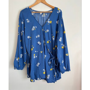Old Navy Womens 3X Blue Floral Wrap Blouse Top Career Feminine Prairie Peasant